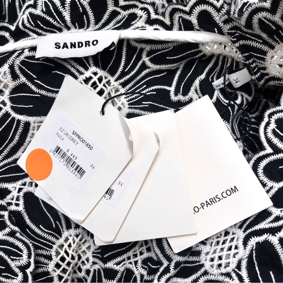 NWT Sandro Audrey Floral Embroidered Mini Dress XS Noir Flared Ruffle Eyelet - Picture 5 of 13